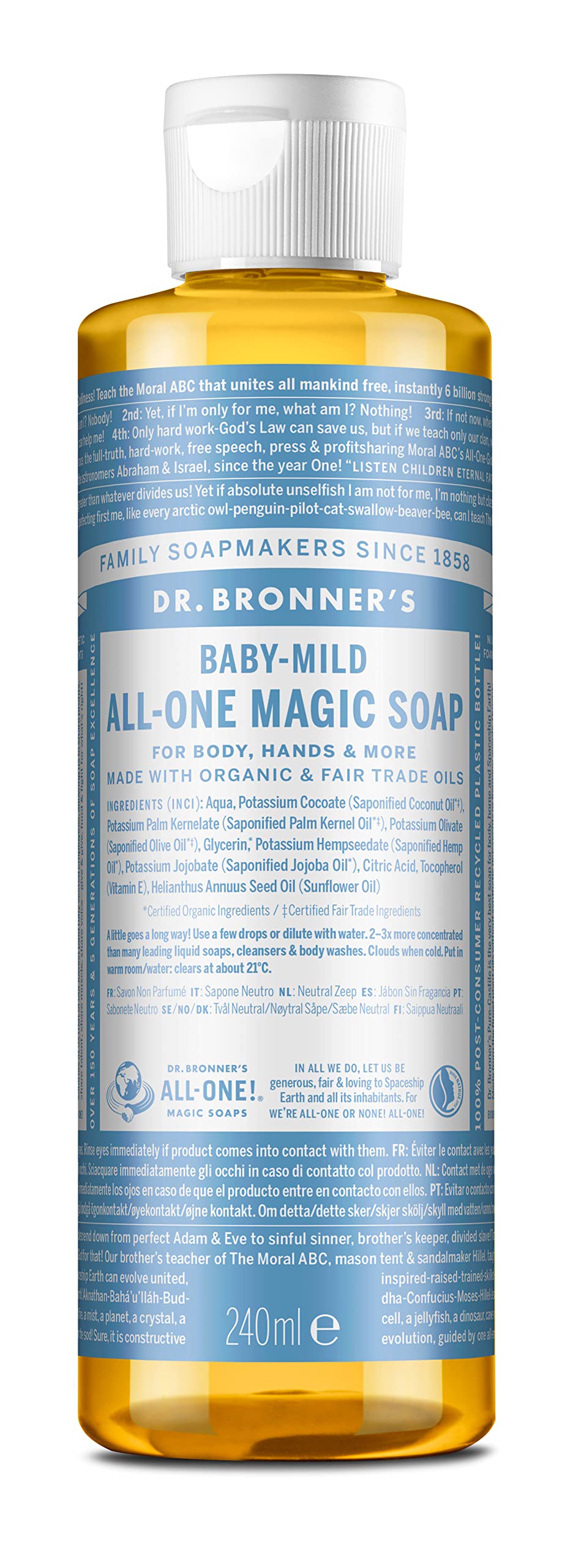 Dr. Bronner&#39;s - Pure-Castile Liquid Soap (Baby Unscented, 8 Ounce) - Made with Organic Oils, 18-in-1 Uses: Face, Hair, Laundry, Dishes, For Sensitive Skin, Babies, No Added Fragrance, Vegan, Non-GMO