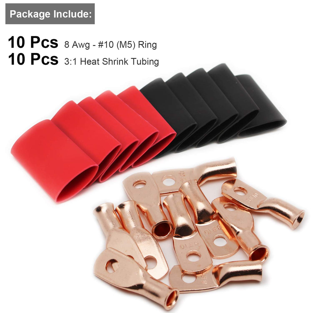 10pcs 8 AWG-#10 Ring Battery Lugs,with 10pcs 3:1 Heat Shrink Tubing,Battery Cable Ends,Heavy Duty Copper Wire Lugs,Tubular Ring Terminals,AWG Crimp Wire Ring Lugs,Battery Terminal Connectors