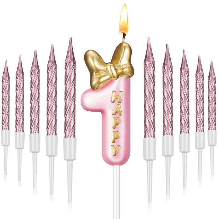 BBTO Number 1 Birthday Candle Pink Birthday Candle Girl with 10 Pieces Pink Candles Long Thin Cupcake Candles in Holders for Cake Topper Birthday Baking Decor Supplies