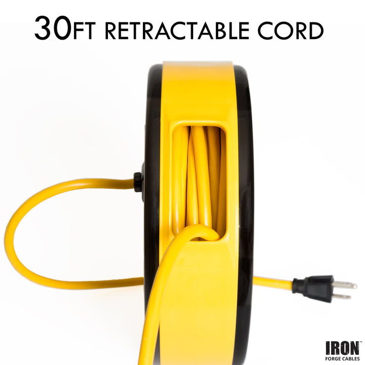 30Ft Retractable Extension Cord Reel with Breaker Switch &amp; 3 Electrical Power Outlets - 16/3 SJTW Durable Yellow Cable - Perfect for Hanging from Your Garage Ceiling