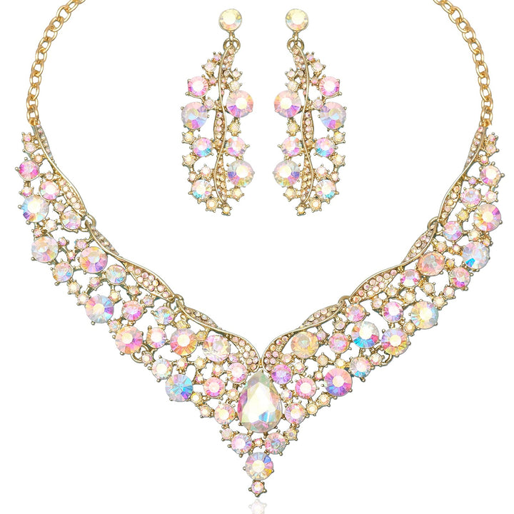 Elegant Austrian Crystal V-Shaped Statement Necklace Earrings Set Bridal Wedding Prom Costume Jewelry For Bride Bridesmaid (AB crystal)