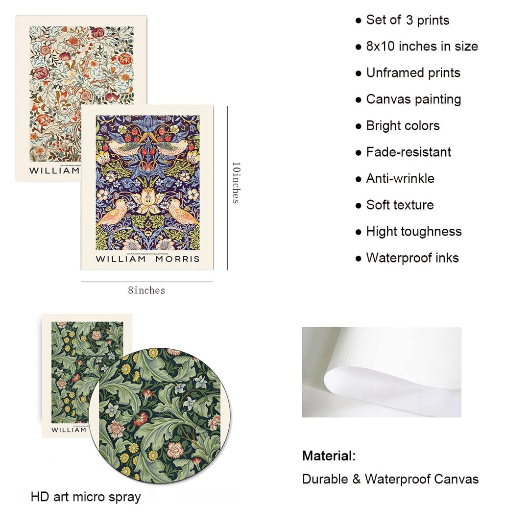 3Pcs Canvas Painting William Morris Poster Print Wall Art Fashion Retro Pictures for Living Room Gallery Decor 8X10Inch, No Frame