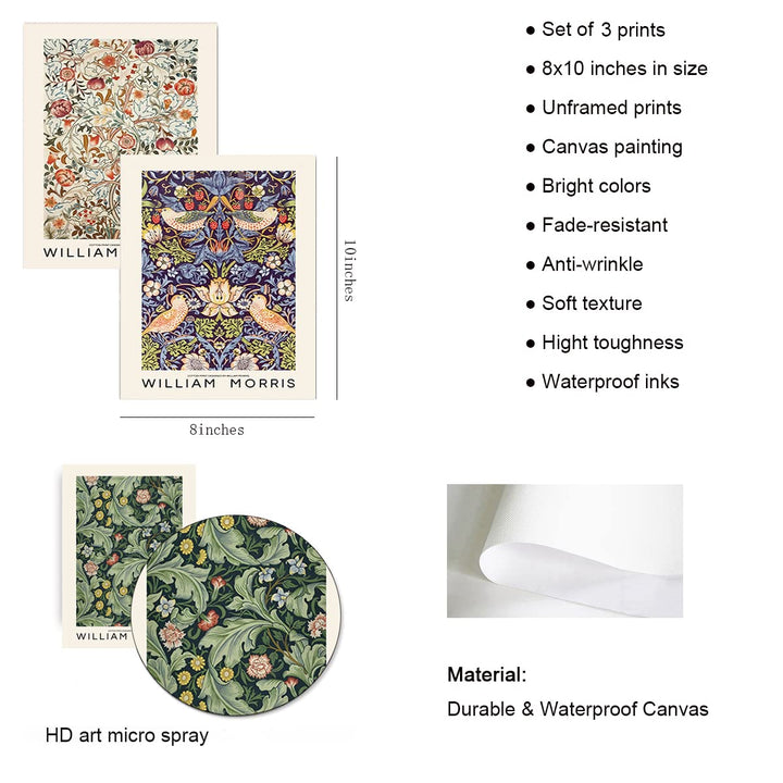 3Pcs Canvas Painting William Morris Poster Print Wall Art Fashion Retro Pictures for Living Room Gallery Decor 8X10Inch, No Frame