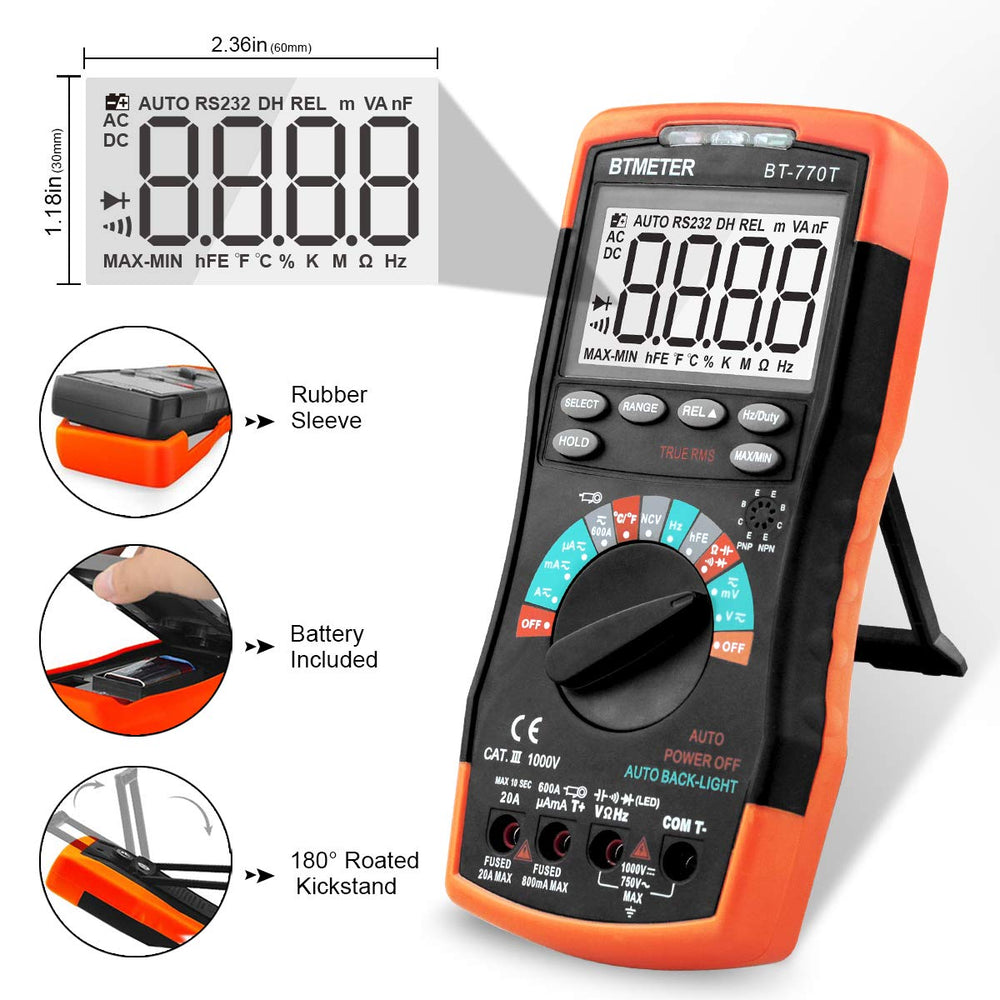 True RMS Digital Multimeter Tester 6000 Counts AC DC 20A Ohmmeter Voltmeter DMM Measure Voltage Current Amp Resistance Diodes Continuity Duty-Cycle Capacitance Temperature ( BT-770T)