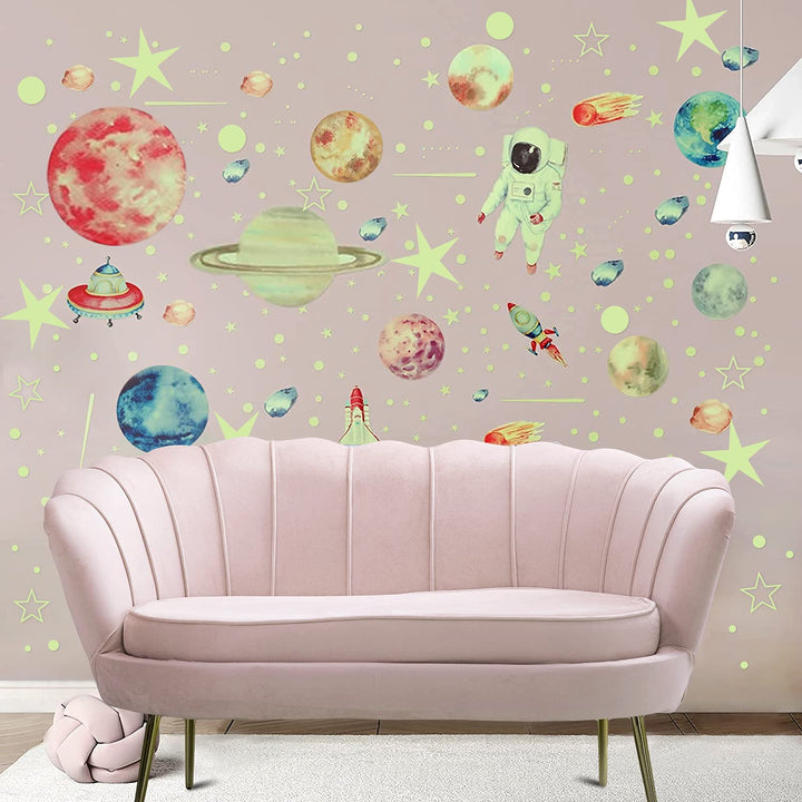 Glow in The Dark Stars Wall Stickers, Glowing Planets Astronaut Adhesive Stickers for Kids Bedroom, 849PCS Shining Galaxy Ceiling Decals, Solar System Space for Girls, Boys and Baby Room Decorations