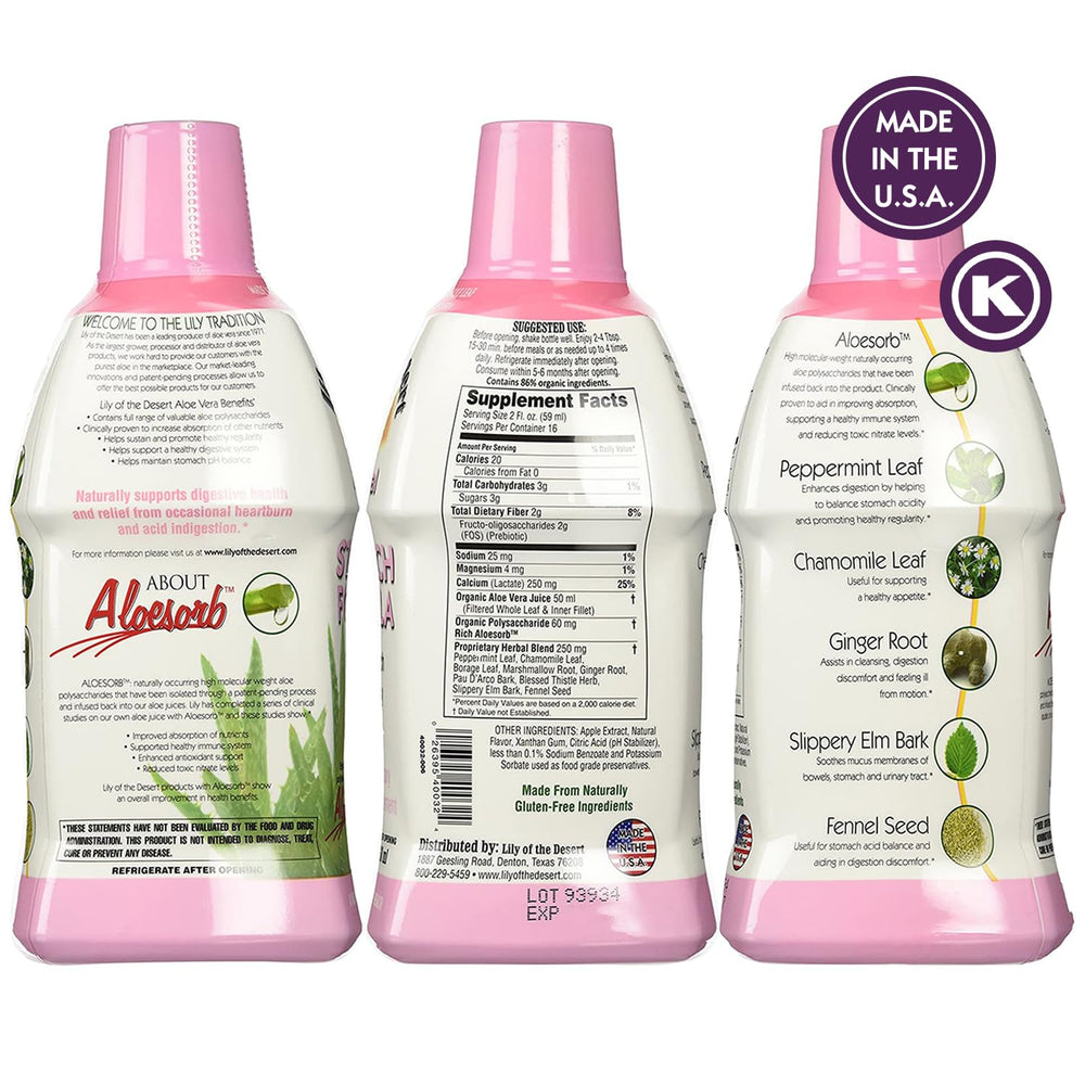 Stomach Formula, Organic Aloe Vera Juice with Slippery Elm, Chamomile, Peppermint, and Ginger for Gut Health, Acid Reflux, Heartburn Relief, 32 Oz (Pack of 2)