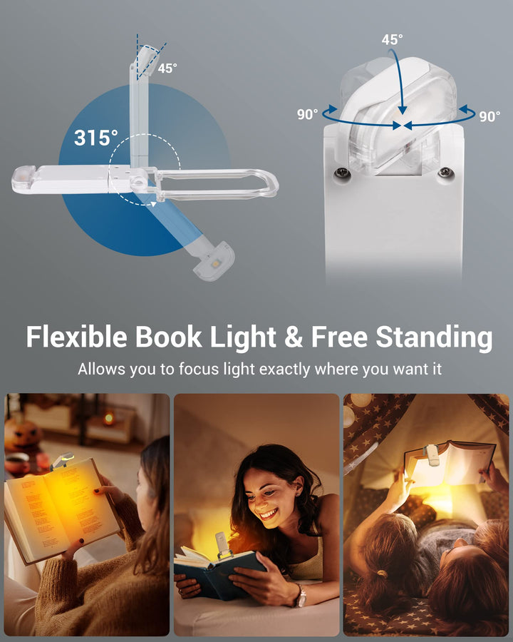 Book Reading Light, Amber Warm Clip On LED with 3 Adjustable Brightness for Eye Protection, Rechargeable USB, Perfect for Bookworms, Kids (White)