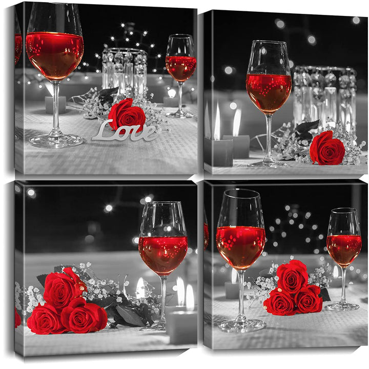 Kitchen Canvas Wall Art Prints Black and White Wine Rose Floral Painting Picture for Dining Room Restaurant Wall Decor (12x12-4Pcs, Red)