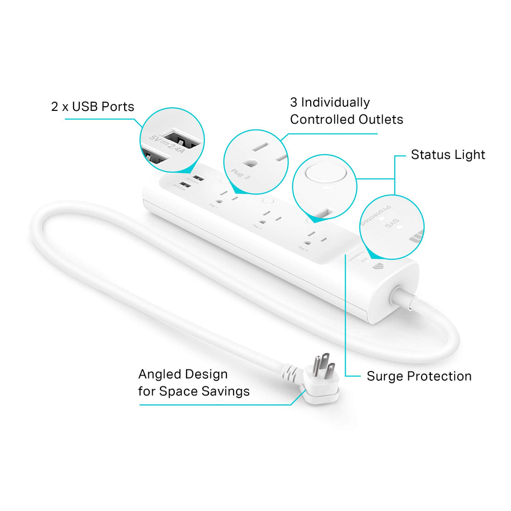 Plug Power Strip KP303, Surge Protector with 3 Individually Controlled Smart Outlets and 2 USB Ports, Works with Alexa & Google Home, No Hub Required , White