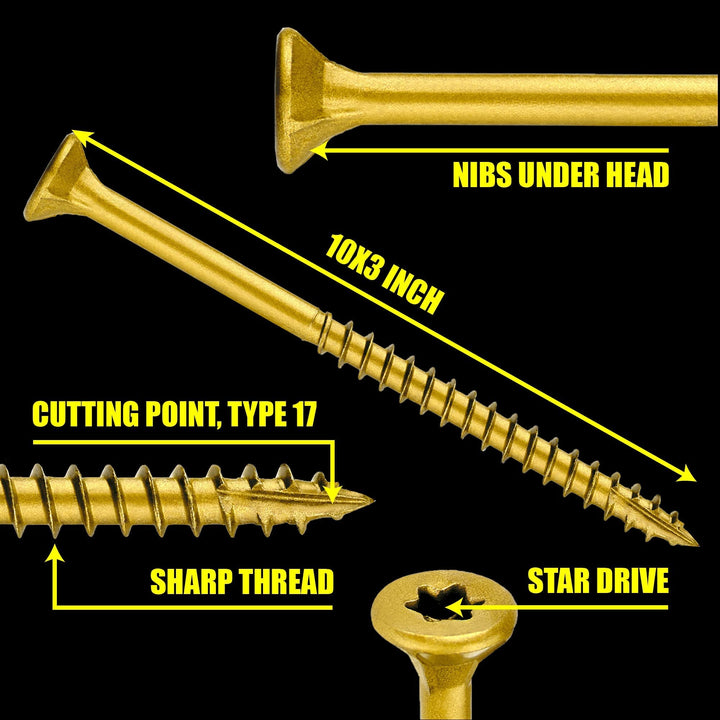 #10 x 3’’ Wood Screws by Grindy (200pack/3.3LBS) – Self-Drilling Deck Screws I Rust Resistant I Quick Drive & Fast Grip I for Cabinet, Furniture & Other Projects I T25 Star Drive I Bit Included