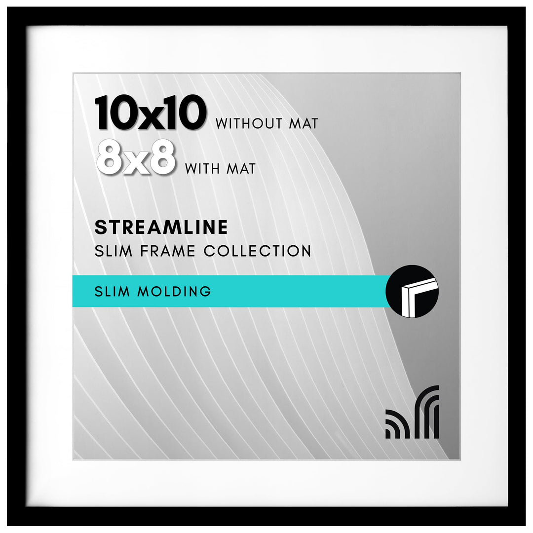 10x10 Picture Frame with Shatter-Resistant Glass - Use as 8x8 Frame with Mat or 10x10 Frame Without Mat - Streamline Collection - Thin Picture Frame for Tabletop and Wall Display - Black