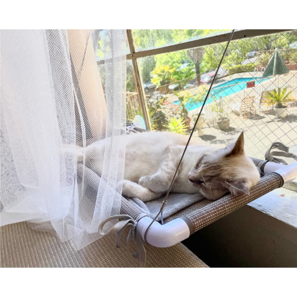 Mess-Free Cat Window Perch, Multi-Point Secure Fastening Cat Window Hammock with 4 Strong Scution Cups, Premium Reinforced Material and Flannel Cover Cat Hammock for Large Cats in Beige