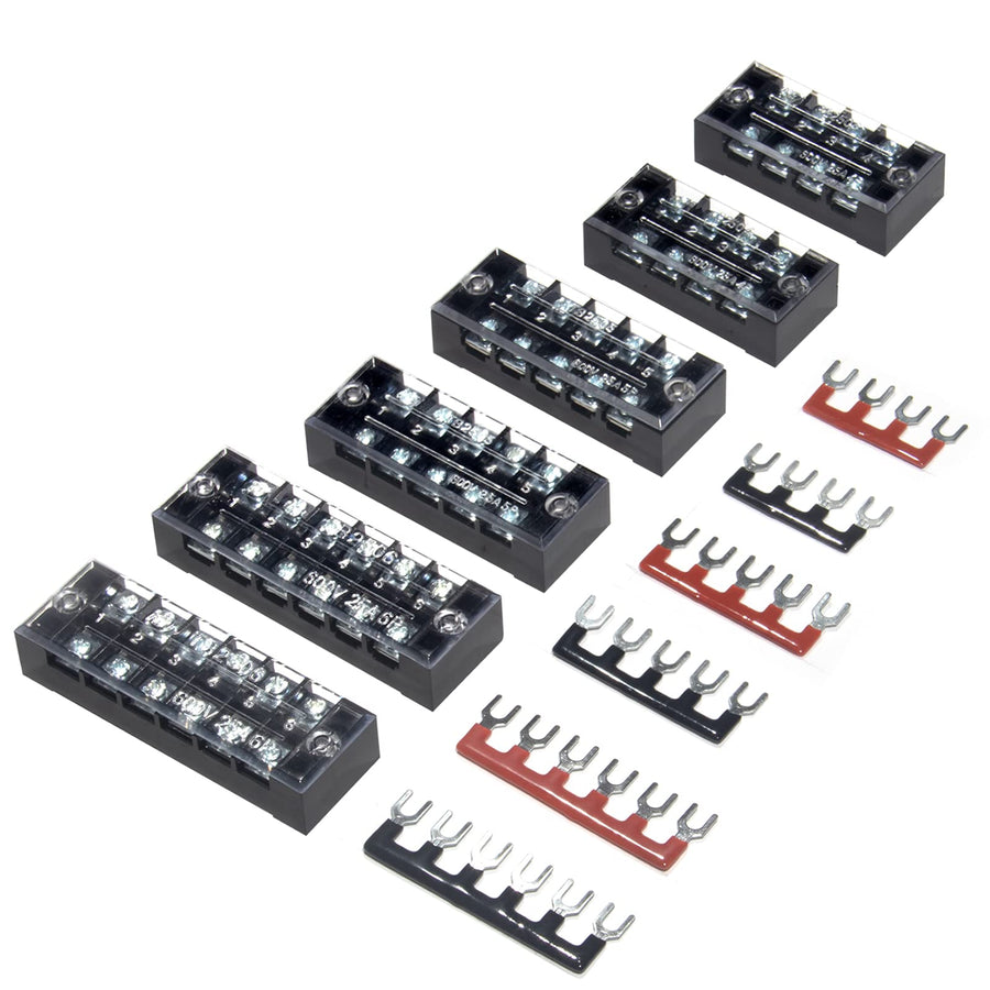 Terminal Block and Strip - 6 Sets 4/5/6 Positions 600V 25A Dual Row Wire Screw Terminal Strip Block with Cover + 400V 25A Pre-Insulated Terminals Barrier Strips Jumpers (Black & Red)