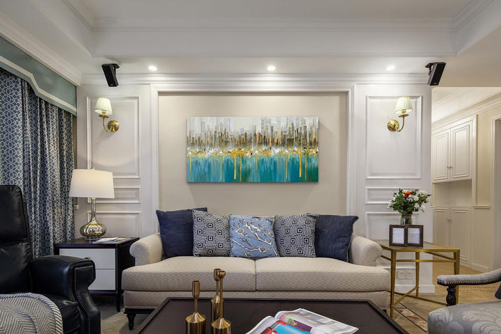 Teal Abstract Cityscape Canvas Wall Art Modern Skyline Gold Textured Painting, Grey Buildings Large Size 40x20 Picture Turquoise Artwork Framed for Living Room Bedroom Home Office Wall Decor