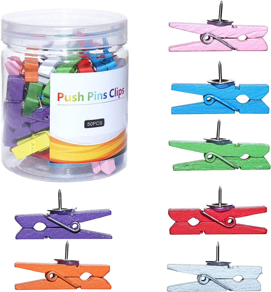Wood Push Pin Clips, Colorful Push Pins Decorative for Cork Board Bulletin Board Pins Thumbtack Cork Board Offices Accessories (Colorful,32 PCS)