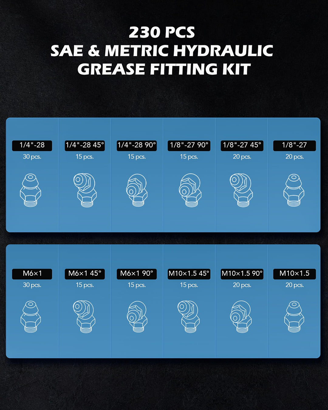 230pc SAE &amp; Metric Grease Fittings Kit Hydraulic Grease Zerk Assortment: 1/4 1/8 M6 M10 Straight 45 90 Degree Zerks Galvanized Steel Set for Replacing Missing or Broken Zerk Grease Fittings
