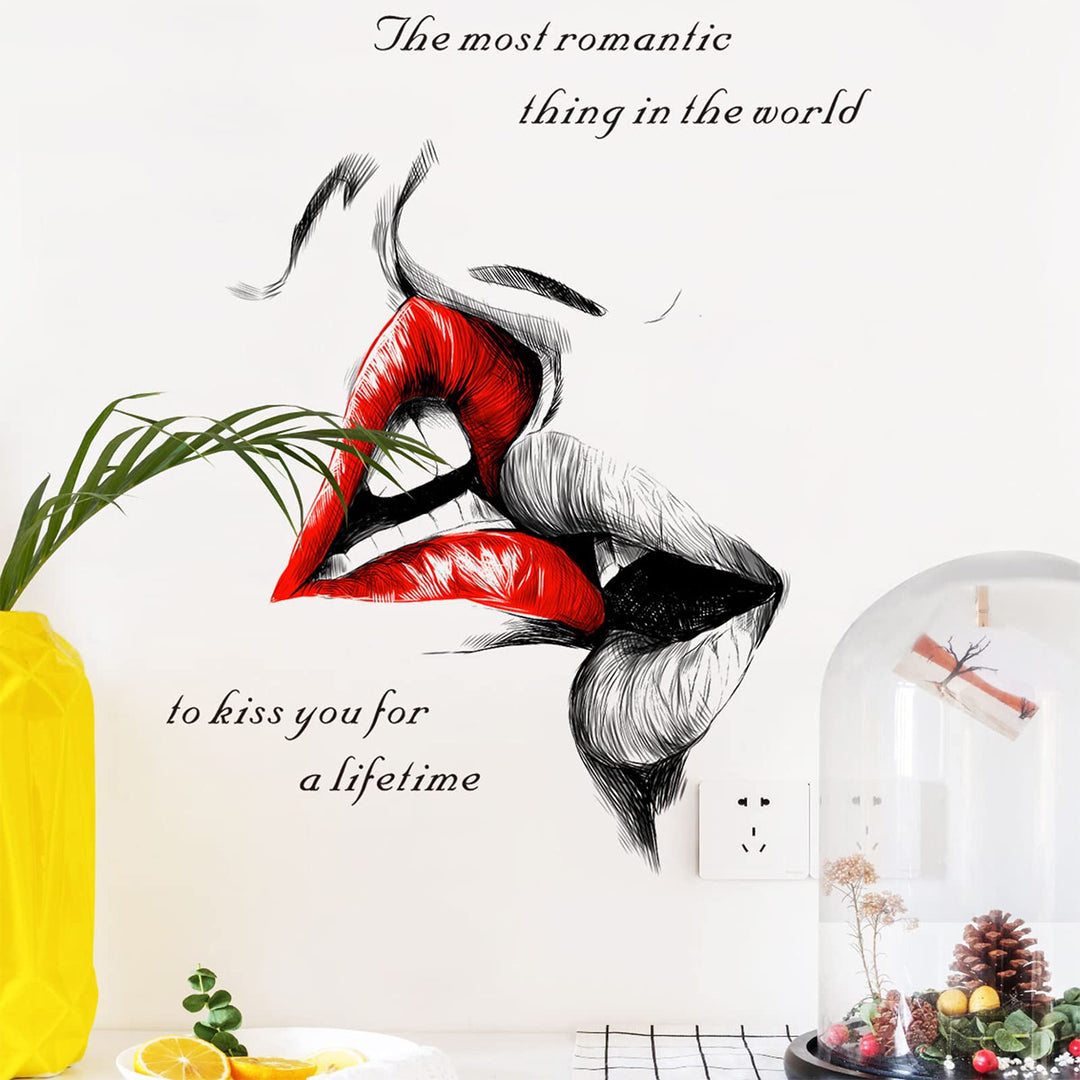 Sexy Red Lips Kiss Wall Decals, Kiss You for a Lifetime Quotes Wall Stickers, Kissing Lips Fashion Silhouette Mural, Removable DIY Vinyl Decor Wallpaper for Bedroom, Living Room, TV Wall