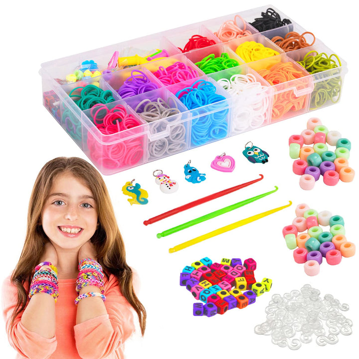 Colored Rubber Bands Bracelet Making Kit with Loom Bands Storage Container. Great Gifts for Girls and Boys, No Loom Board Included.