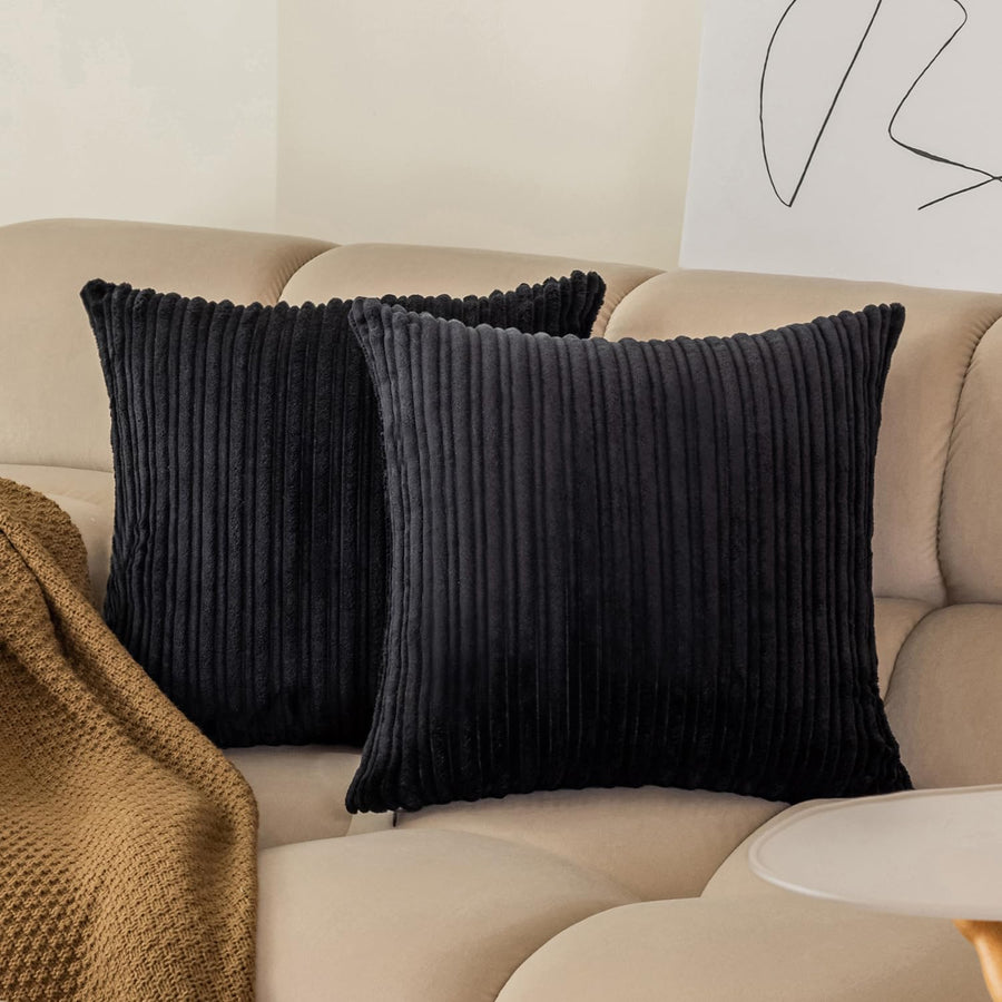 Kevin Textile Decorative Throw Pillow Covers Pack of 2 Corduroy Soft Soild Pillow Cases Square Outdoor Pillowcases for Cushion Couch Sofa Bedroom Living Room 16 x 16 Inch, Black