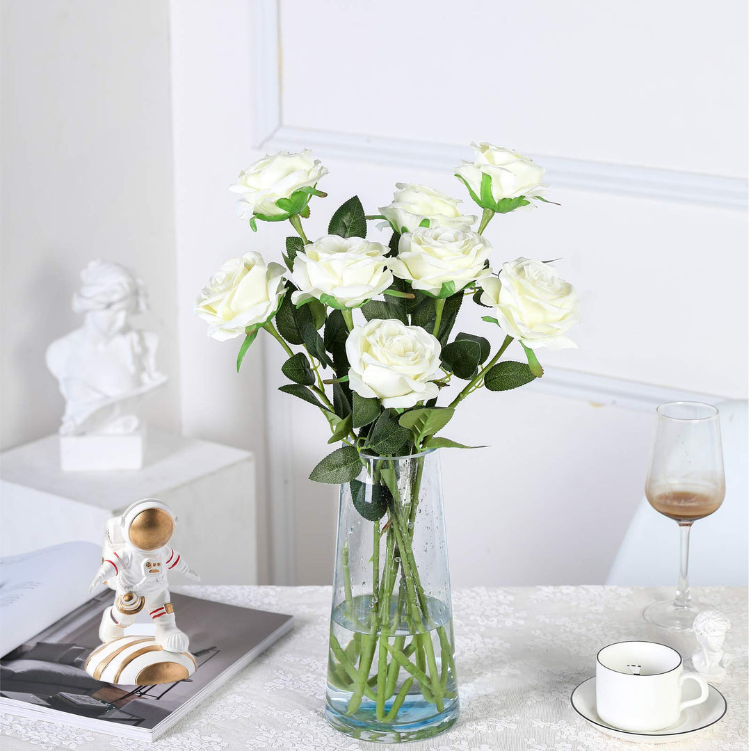 12PCS Artificial Silk Flowers Realistic Roses Bouquet Long Stem for Home Wedding Decoration Party (12PCS-Cream White 1)