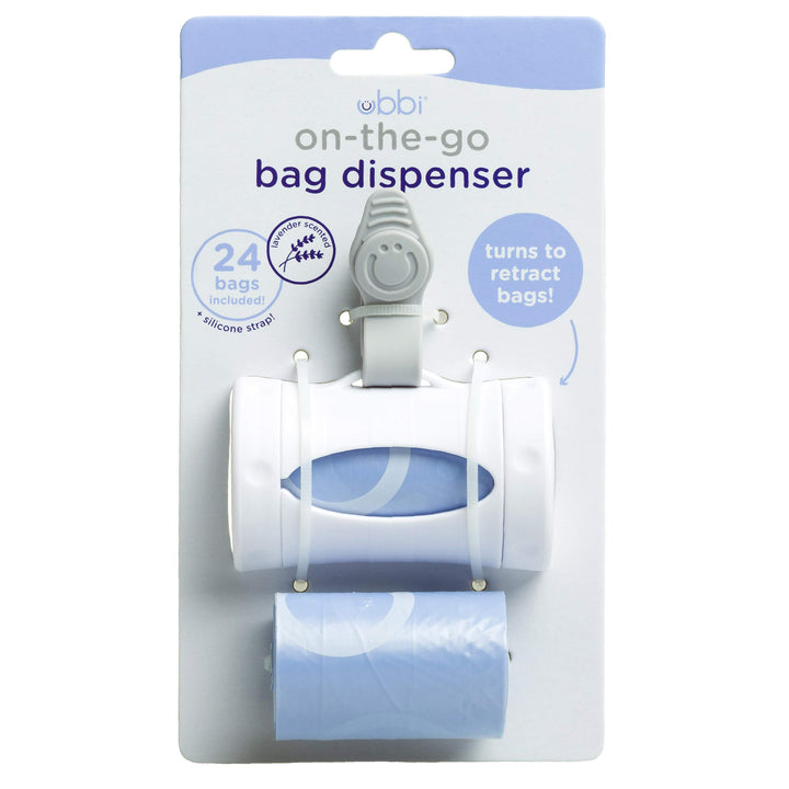 Retractable On the Go Bag Dispenser for Baby Travel, Diaper Bag Accessory Must Have for Newborn, Helpful Baby Item, Baby Gift, Lavender Scented, White