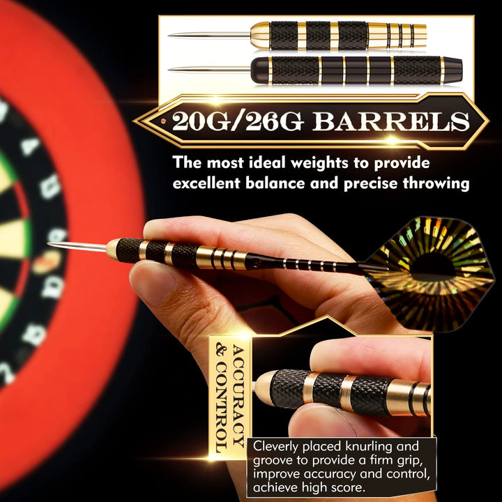 Darts Metal Tip Set, Professional Steel Tip Darts, 20 and 26 Grams Metal Darts Tips with Aluminum Shafts, Brass Barrels, Sharpener Tool Kit, Carrying Case, Extra Dart Flights and Other Accessories