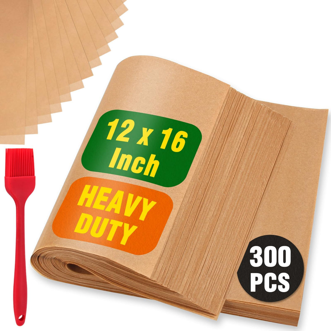 300 PCS Parchment Paper Sheets - 12x16 Inch No Chemical Non-Stick Unbleached Pre-Cut Parchment Paper with a Silicone Brush, for Baking Grilling Air Fryer Steaming Bread Cup Cake Cookie