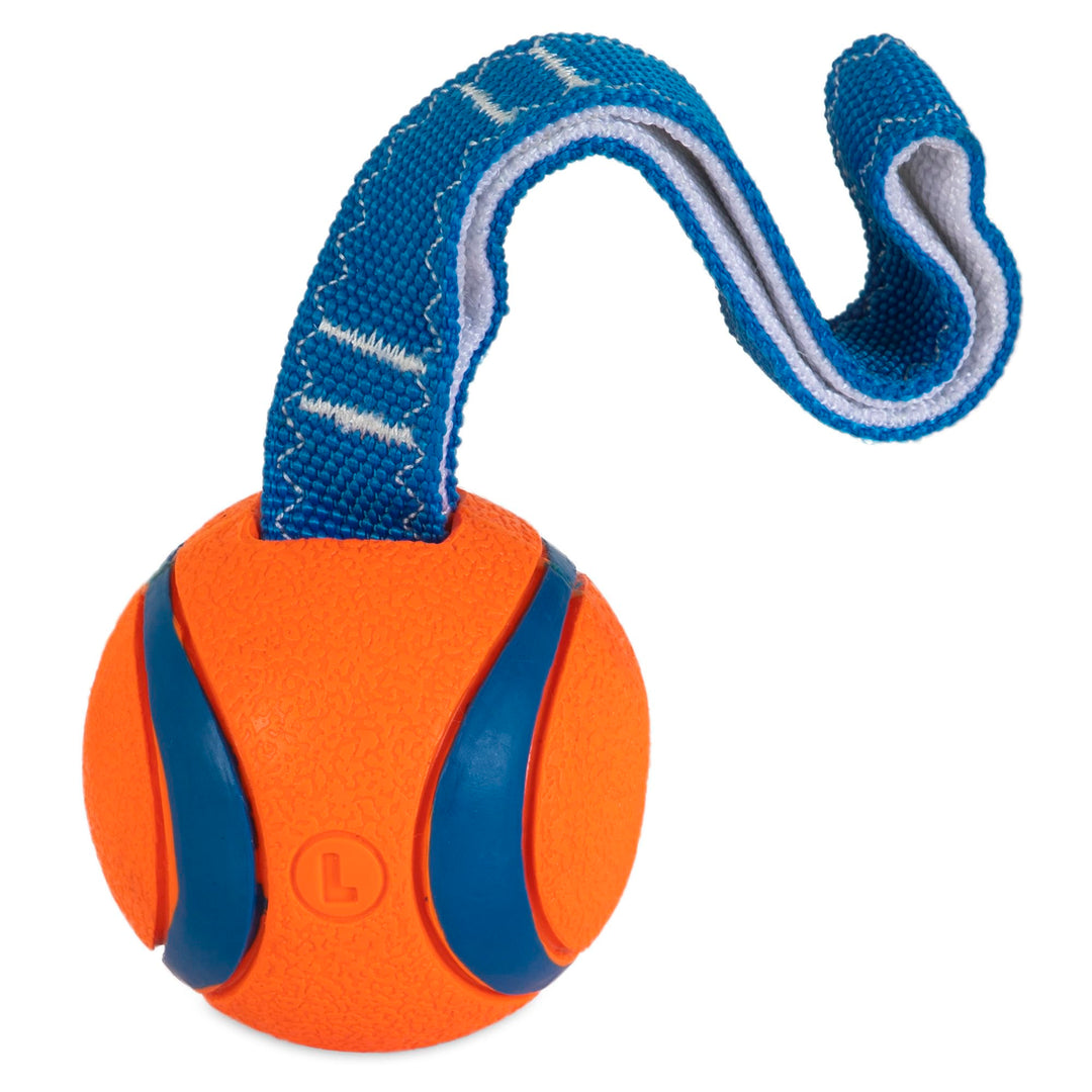 Ultra Tug Dog Toy - Ultra Ball on a Durable Nylon Cord Handle - Fetch and Tug-of-War Toy for Dogs - Size Large - For Breeds 60-100 lbs - 3-inch Diameter - Orange and Blue