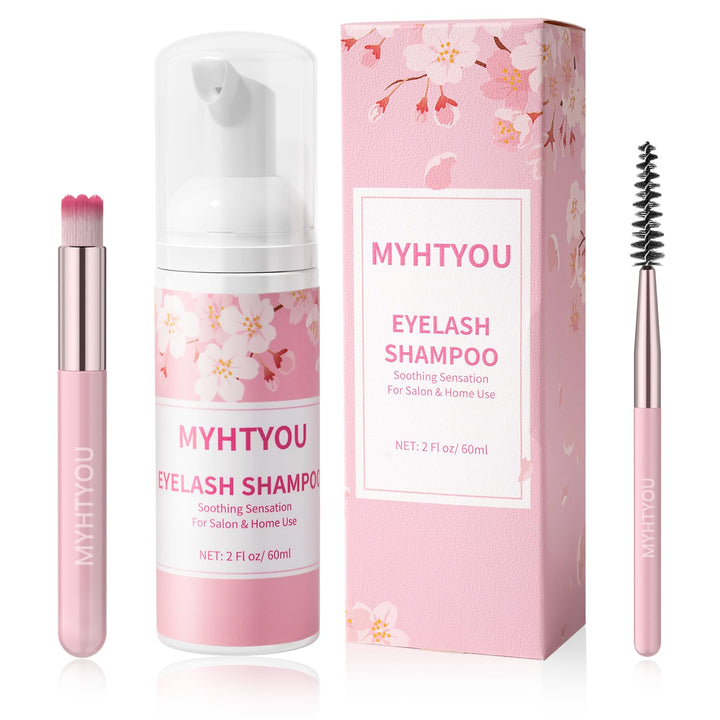Eyelash Extension Cleanser, Upgraded Eyelash Extension Shampoo 60ML+Mascara Wand+Brush Eyelash Foam Cleanser For Extensions and Natural Lashes,Paraben &amp; Sulfate Free, Salon and Home Use