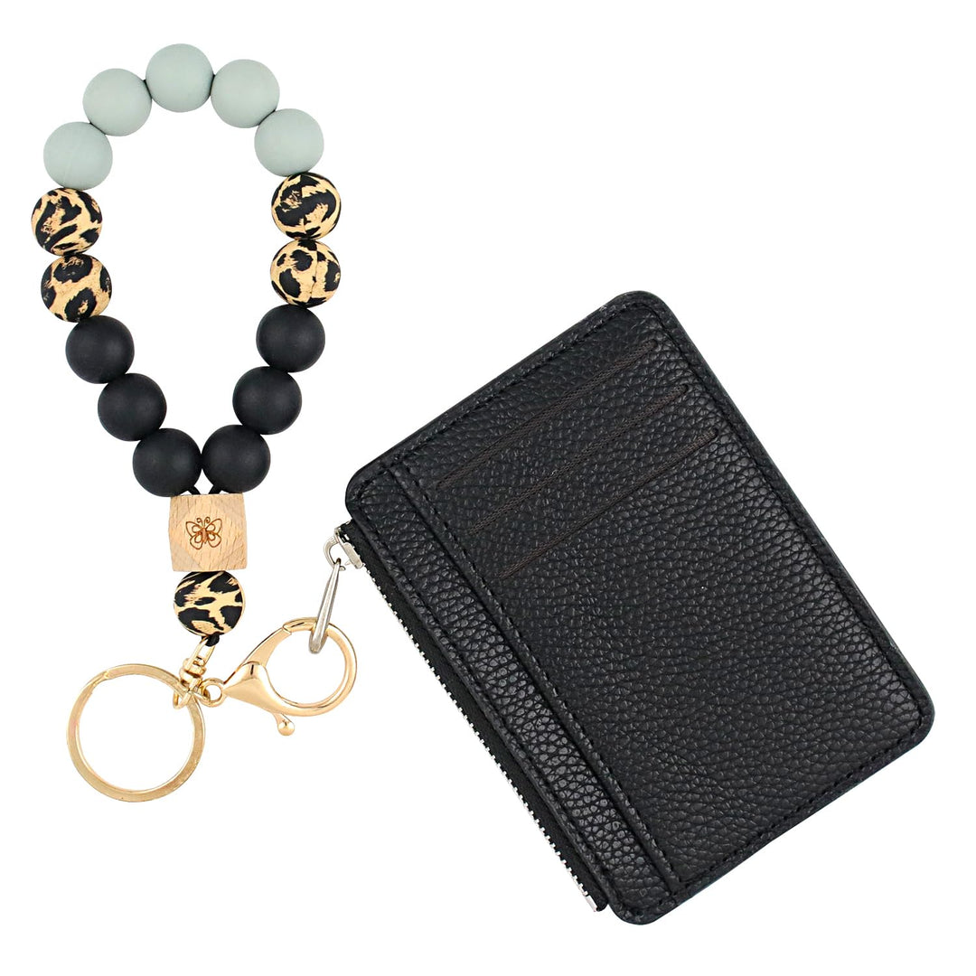 Wristlet Bracelet Keychain with Wallet for Women, Silicone Beaded Keychain Bangle Car Key Rings Card Holder (Black)