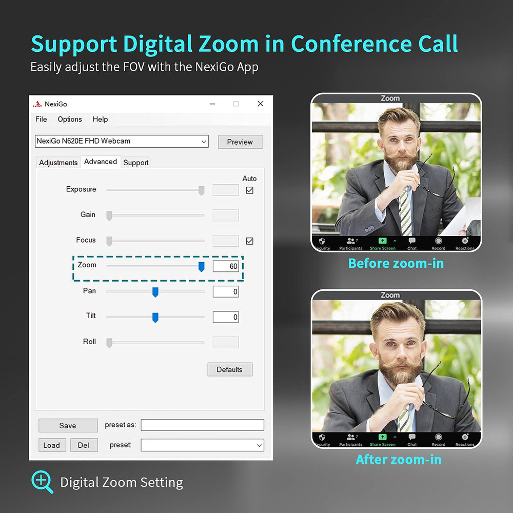 N620E Webcam with Light, 1080P 60FPS AutoFocus, ePTZ 2X Digital Zoom, Plug and Play, [Software Included], FHD Streaming Web Camera, Dual Stereo Mics, for Zoom Skype Teams, PC Mac Laptop Desktop