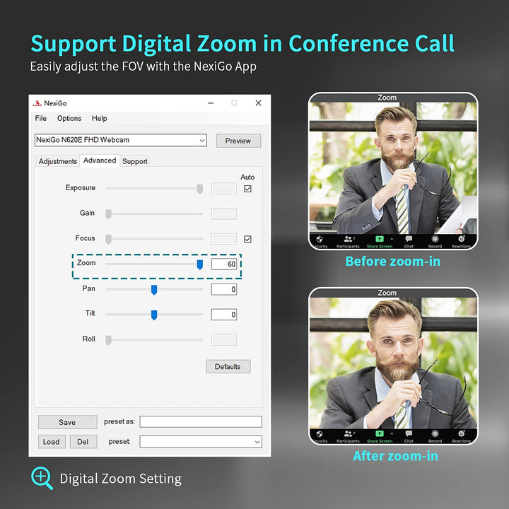 N620E Webcam with Light, 1080P 60FPS AutoFocus, ePTZ 2X Digital Zoom, Plug and Play, [Software Included], FHD Streaming Web Camera, Dual Stereo Mics, for Zoom Skype Teams, PC Mac Laptop Desktop