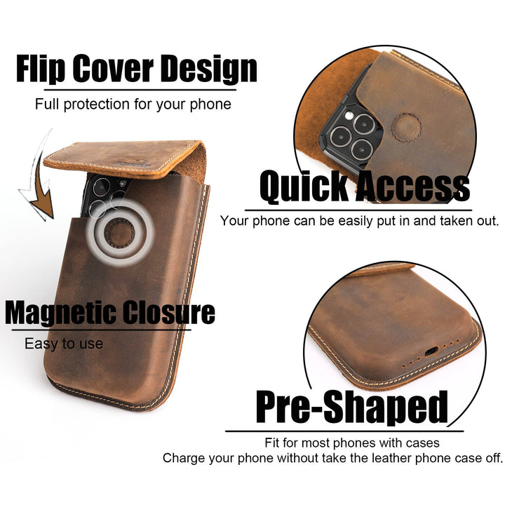 Topstache Leather Phone Holster,Samsung S22 Ultra Belt Holder, iPhone 13 Pro Max Case for Belt,Universal Phone Pouch with Belt Clip,Leather Phone Holster for Otterbox Case, Flip Cellphone Cases