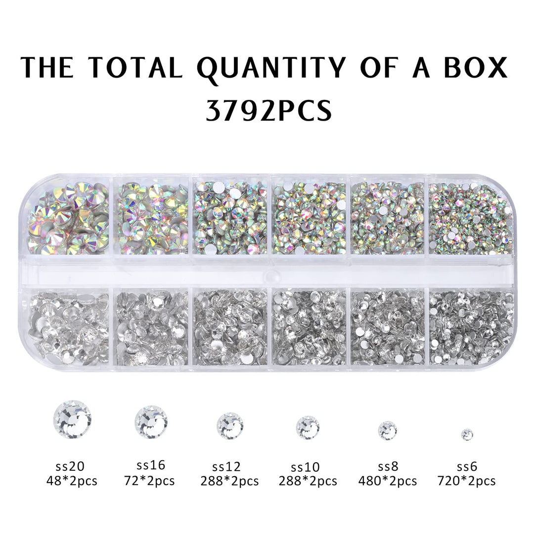 3792 Pcs Glass Crystals Rhinestone for Nail Art Crafts,6 Size(2mm-4.6mm) Nail Gems Flatback Rhinestone,Jewels Diamonds Stone Kit with Picking Pen and Tweezers(White+White AB)