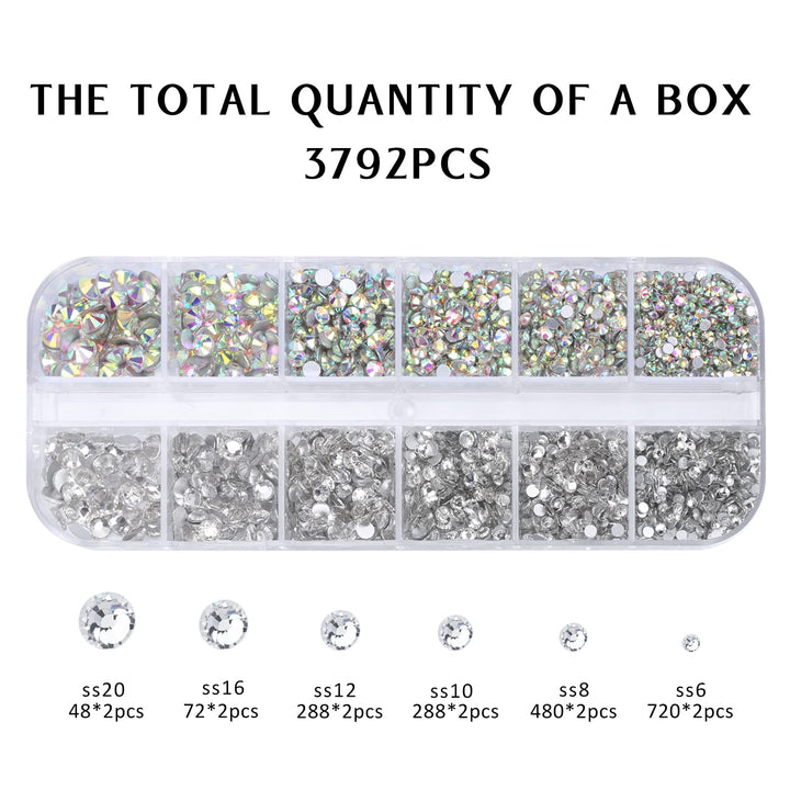 3792 Pcs Glass Crystals Rhinestone for Nail Art Crafts,6 Size(2mm-4.6mm) Nail Gems Flatback Rhinestone,Jewels Diamonds Stone Kit with Picking Pen and Tweezers(White+White AB)