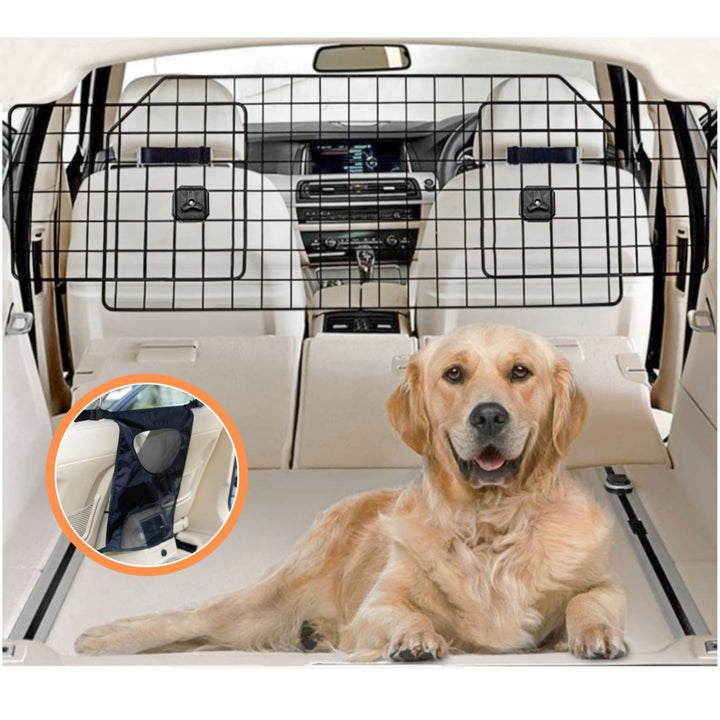 Dog Car Barrier for SUVs &amp; Vehicles - Adjustable Large Pet Barrier with Bonus Guard Mesh for Full Coverage. Heavy-Duty, Universal-Fit Easy Install-Removal Divider for Pet Car Safety