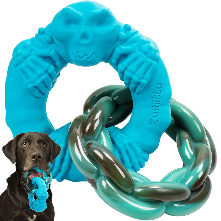Dog Toys for Aggressive Chewers Large Medium Breed Dogs, Indestructible Interactive Tough Non-Toxic Natural Rubber & Nylon Tough Teething Double-Ring Chew Toys