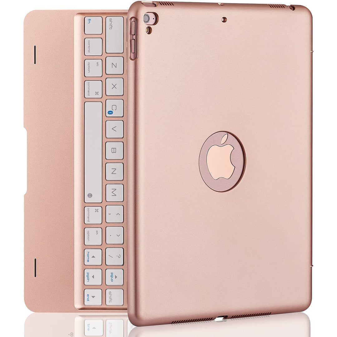 iPad Keyboard Case for iPad Pro 9.7 inch, 2018 iPad 6th Gen, 2017 iPad 5th Gen, iPad Air 2 &amp; 1 case with Keyboard, 130° Smart Folio Hard Back Cover, Ultra Slim, Auto Wake and Sleep - Rose Gold