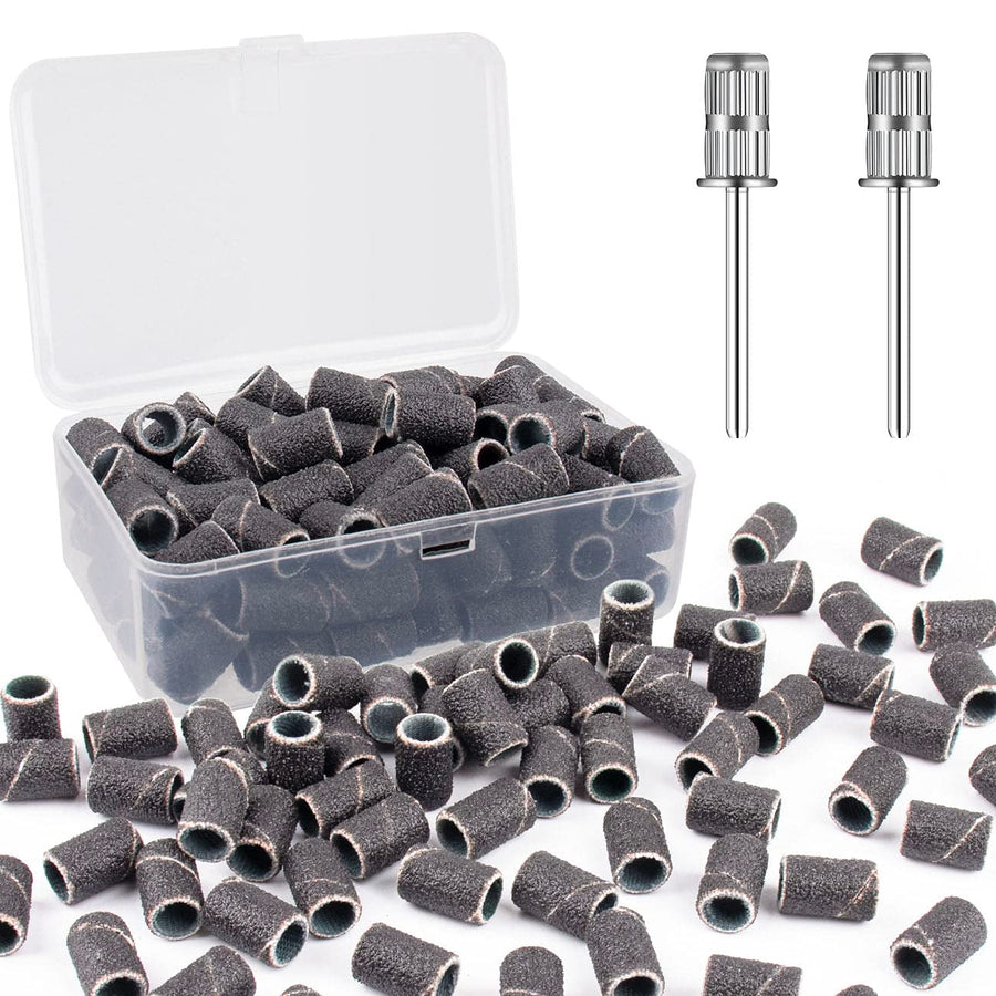 120# professional nail sanding bands for nail drill,drill sanding band with storage box,include 100 medium sand bands and 2 pieces mandrel for most size 3/32 nail drill machine