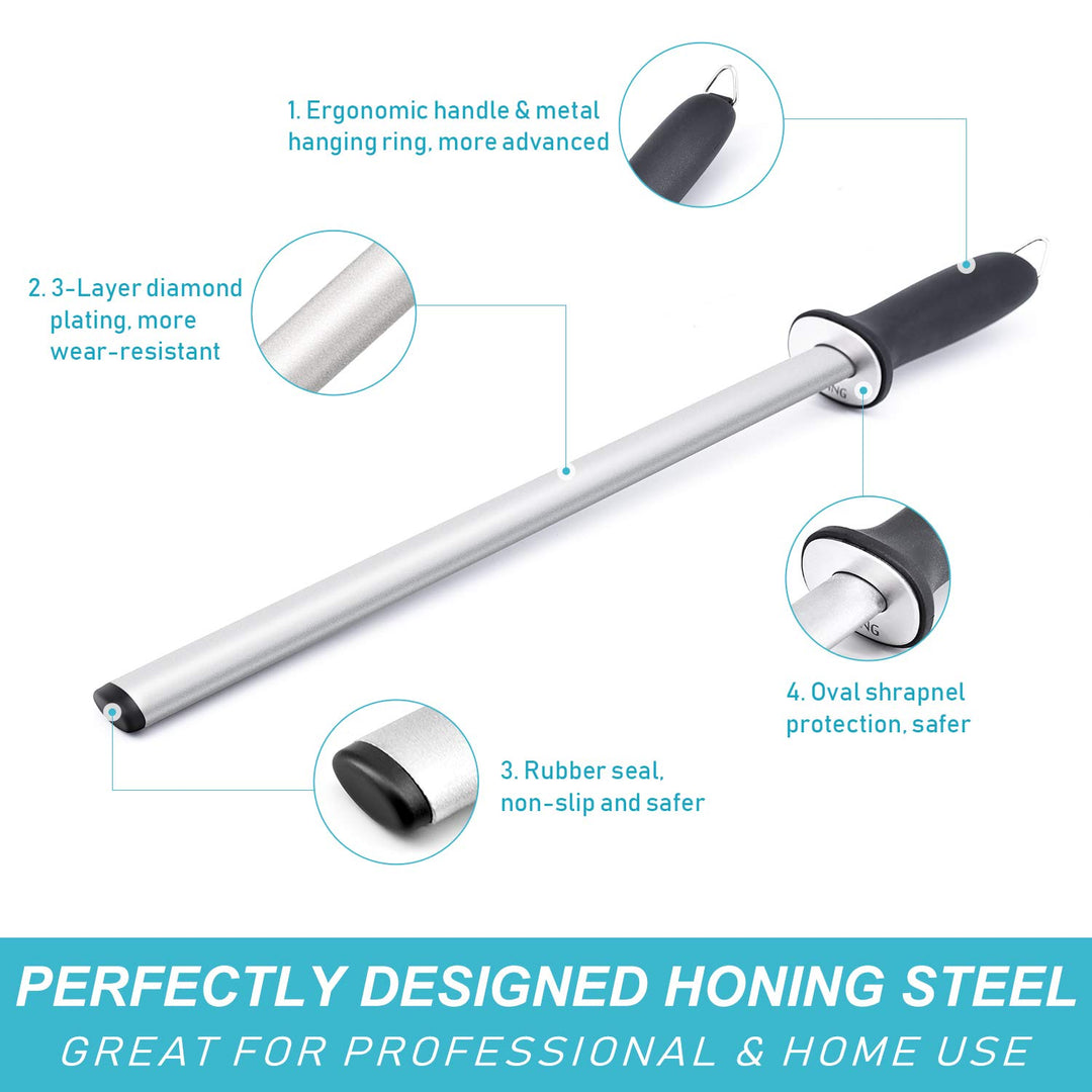 12 Inch Diamond Honing Steel, Professional Knife Sharpener Rod Kitchen Diamond Sharpening Rod Stick Tungsten Carbide Sharpener for Honing Knife Blades, Chef Knives, Pruning Shears, Garden Tools