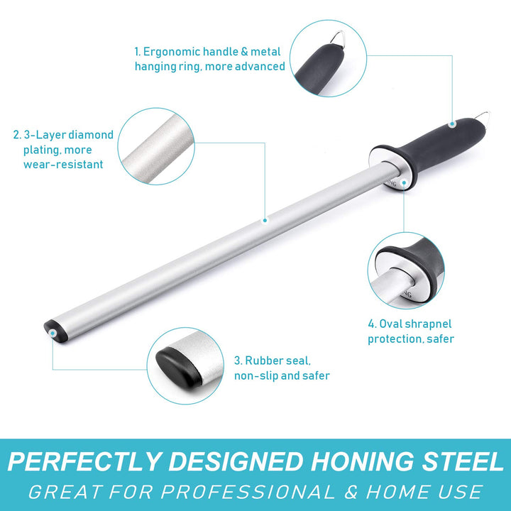12 Inch Diamond Honing Steel, Professional Knife Sharpener Rod Kitchen Diamond Sharpening Rod Stick Tungsten Carbide Sharpener for Honing Knife Blades, Chef Knives, Pruning Shears, Garden Tools