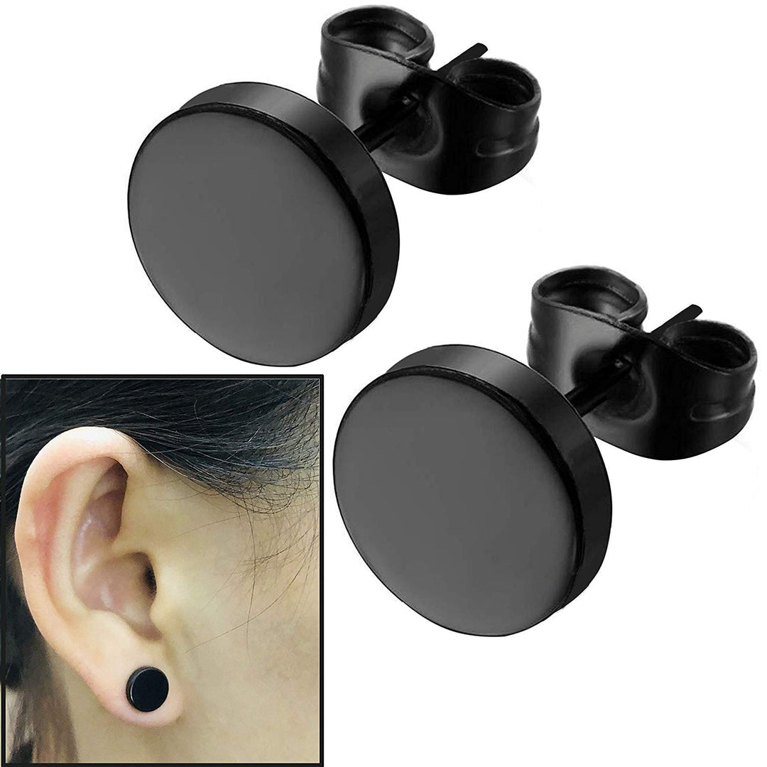 8mm Black Round Stud Earrings Set Stainless Steel Ear Studs for Men Women Tunnel Plug Post Pierced Tunnel, 2pcs/1 Pair