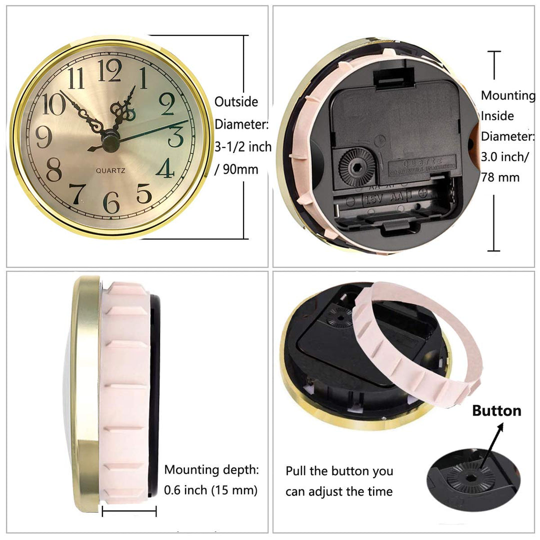 Mini Clock Insert 3-1/2 Inch (90 mm) Round Quartz Clock Fit-up Movement Miniature Clock Gold Dial Gold Tone Bezel Arabic Numerals, Fit 3.0 inch (78 mm) Diameter Hole (Gold)