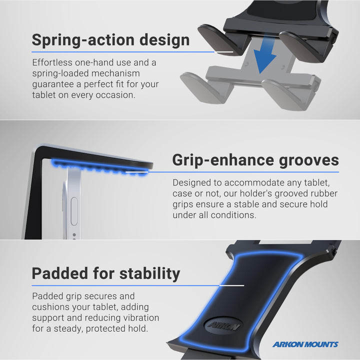 Mounts Slim-Grip Universal Tablet Holder | Grips Devices up to 18.4 in Screen Size | 4-Hole AMPS Pattern Compatible | Fits iPad, Samsung Tab, Google, Surface, and More | TAB001-AMPS