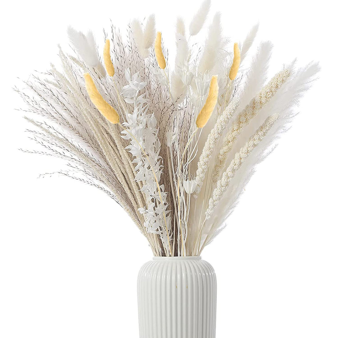 90Pcs Natural Dried Pampas Grass Decor for Boho Home and Wedding,17.3 inch White Pampas Grass with 9 Mixed Dried Grass Plants Bouquet,Natural Reed Grass,Bunny Tails Grass,and Kirin Grass