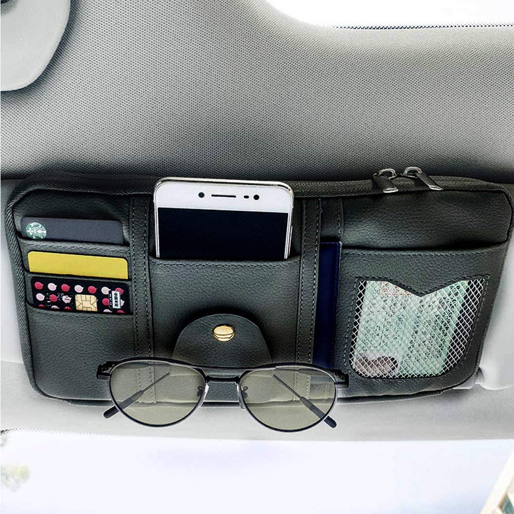 Car Sun Visor Organizer, PU Leather Auto Interior Accessories Pocket Organizer with Multi-Pocket with Zipper Net (Black)