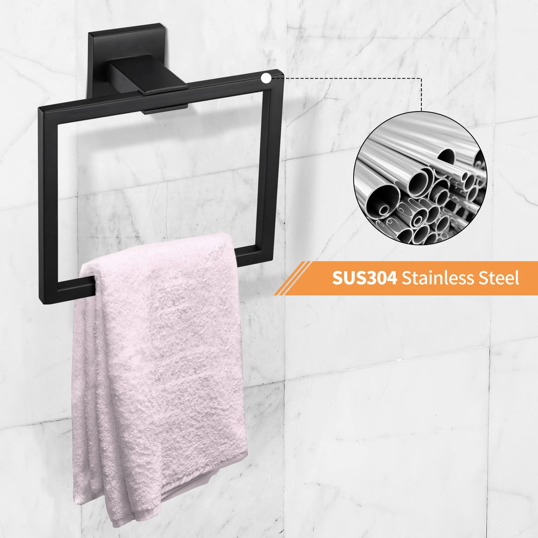 Matte Black Towel Ring Towel Holder, SUS 304 Stainless Steel Hand Towel Rack for Bathroom, Modern Square-Shape Style