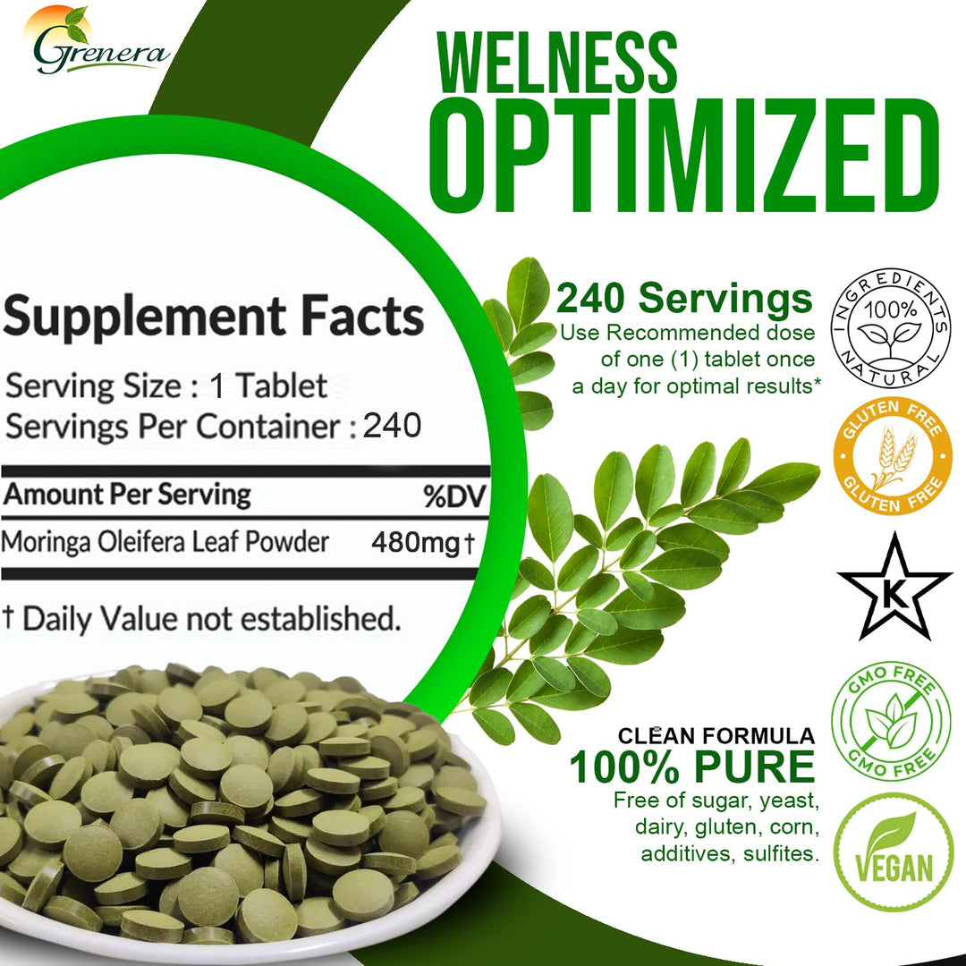 Moringa Tablets 240 nos, Uncoated Malunggay Herbal Supplement, No Chemical Coating, Green Superfood, Lab Tested for Purity