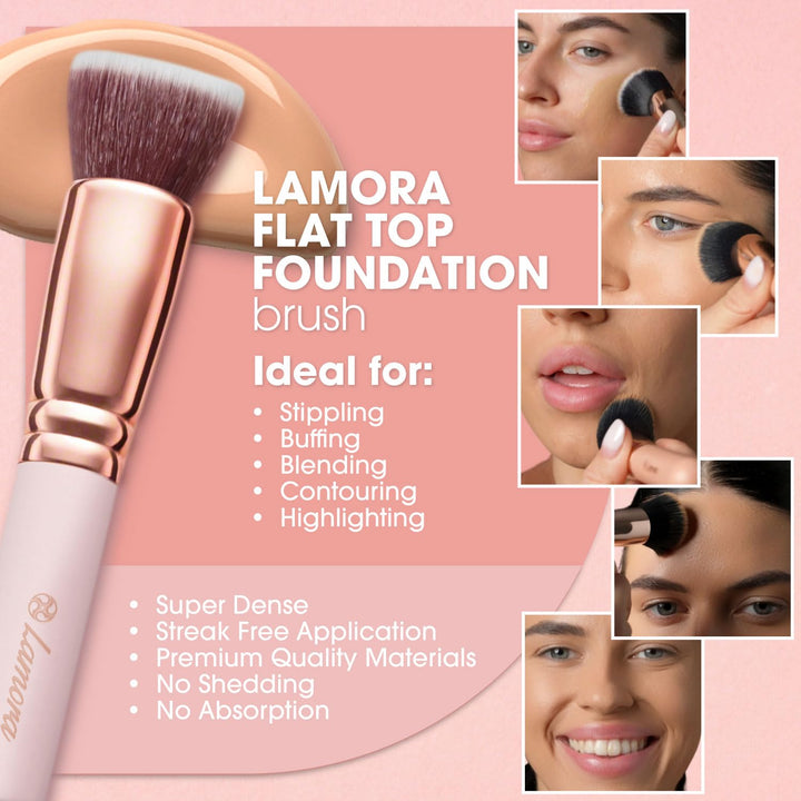 Foundation Makeup Brush Flat Top Kabuki for Face - Perfect For Blending Liquid, Cream or Flawless Powder Cosmetics - Buffing, Stippling, Concealer - Premium Quality Synthetic Dense Bristles!