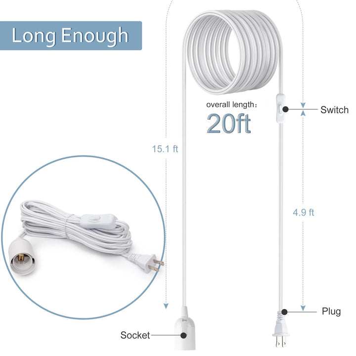 Extension Hanging Lantern Cord Cable 2-Pack 20ft UL 360W with E26 E27 Socket On/Off Button Pendant Lighting